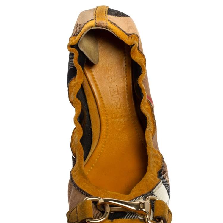 Pre Owned Burberry Yellow/Black Nova Check Suede And Canvas Scrunch Ballet Flats Size 39
