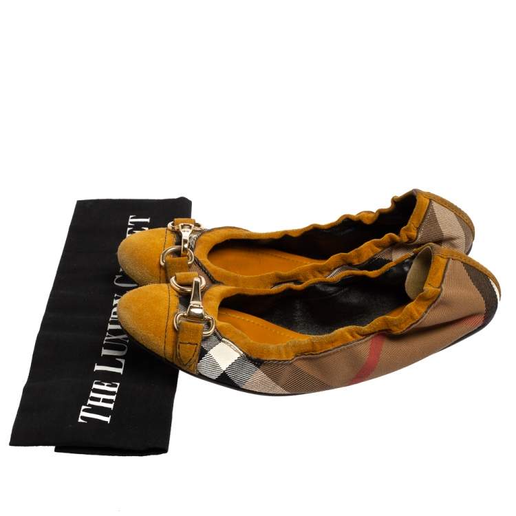 Pre Owned Burberry Yellow/Black Nova Check Suede And Canvas Scrunch Ballet Flats Size 39