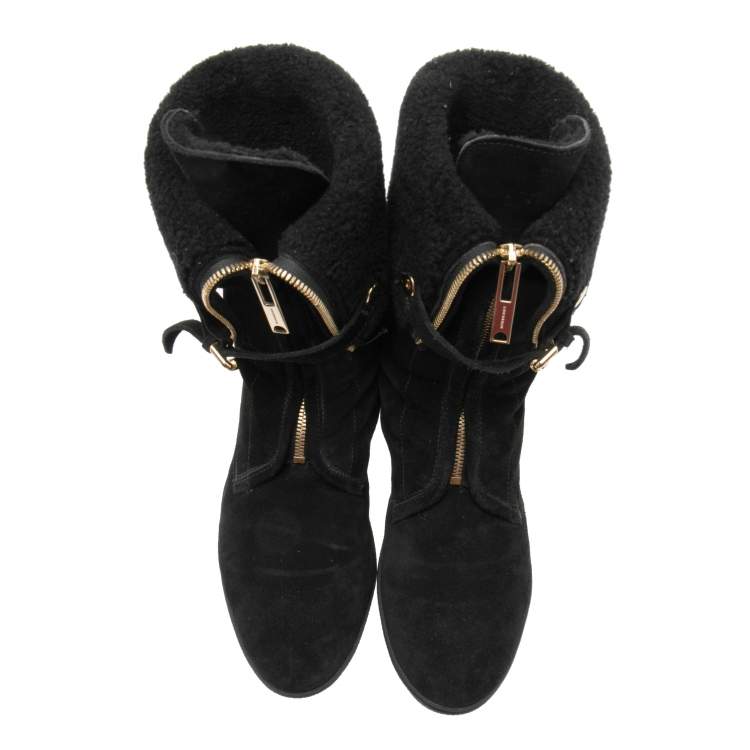 Pre Owned Burberry Black Suede Stanmore Foldover Snow Boots Size 39