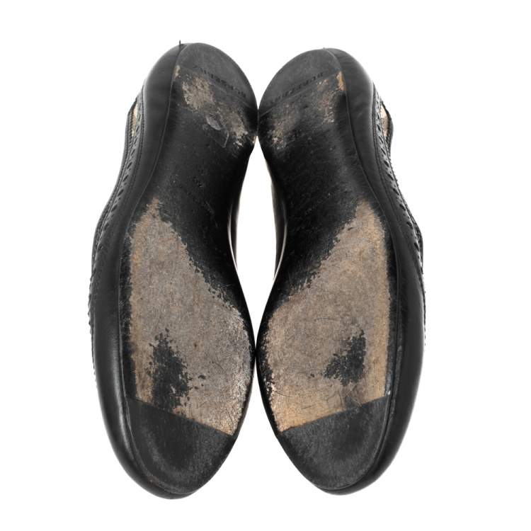 Pre Owned Burberry Black/Beige Leather And Canvas House Check Cap Toe Ballet Flats Size 40