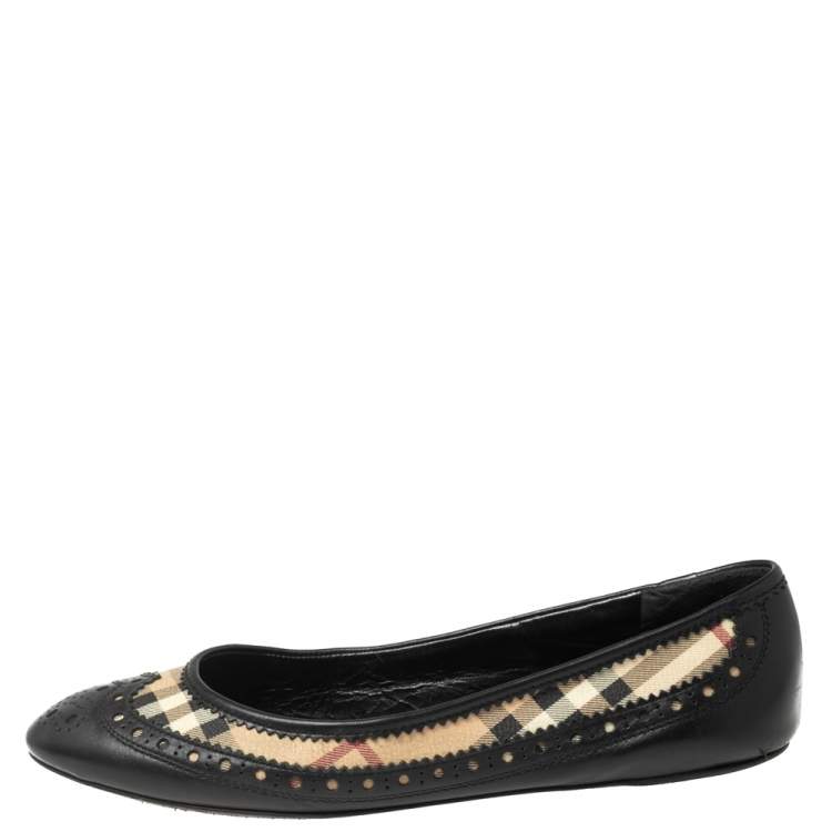 Pre Owned Burberry Black/Beige Leather And Canvas House Check Cap Toe Ballet Flats Size 40