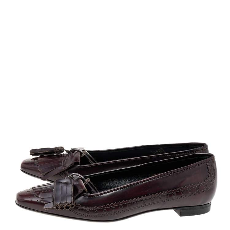 Pre Owned Burberry Brown Brogue Leather Tassel Fringe Ballet Flats Size 39