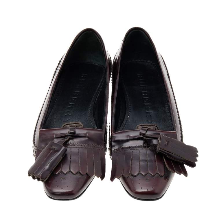 Pre Owned Burberry Brown Brogue Leather Tassel Fringe Ballet Flats Size 39