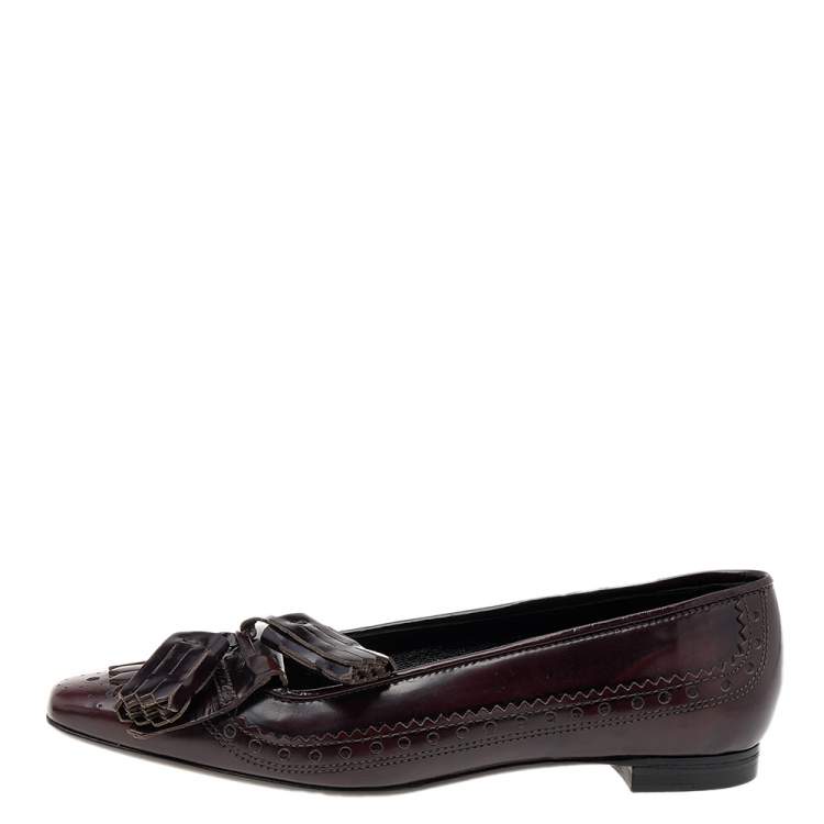 Pre Owned Burberry Brown Brogue Leather Tassel Fringe Ballet Flats Size 39