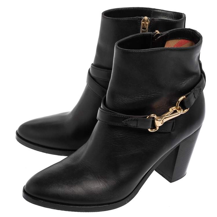 Pre Owned Burberry Black Leather Bedford Buckle Ankle Boots Size 40 
