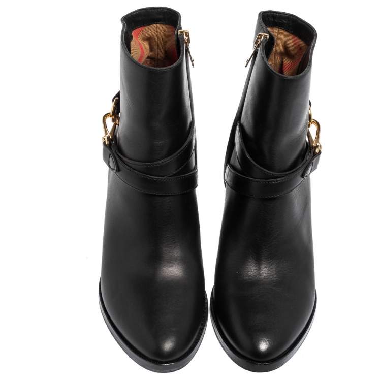 Pre Owned Burberry Black Leather Bedford Buckle Ankle Boots Size 40 