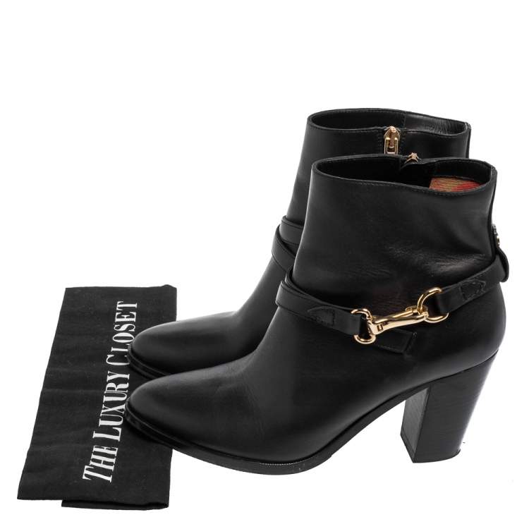 Pre Owned Burberry Black Leather Bedford Buckle Ankle Boots Size 40 