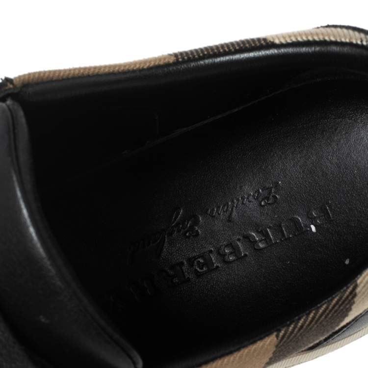Pre Owned Burberry Black Leather and House Check Canvas Salmond Low-Top Sneakers Size 37.5