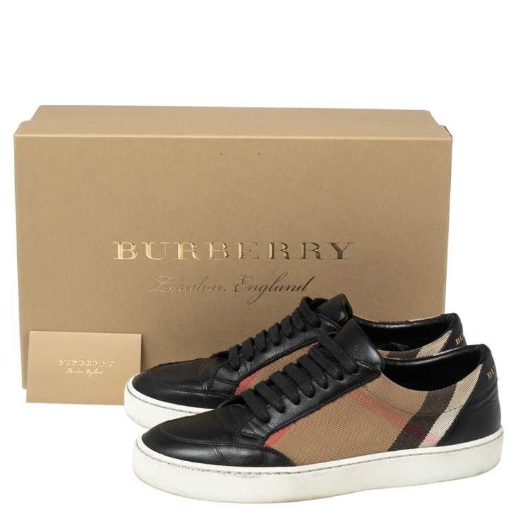 Pre Owned Burberry Black Leather and House Check Canvas Salmond Low-Top Sneakers Size 37.5