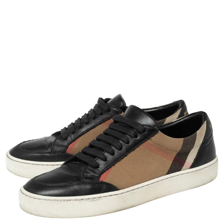 Pre Owned Burberry Black Leather and House Check Canvas Salmond Low-Top Sneakers Size 37.5