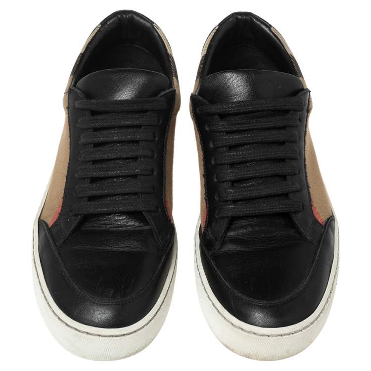 Pre Owned Burberry Black Leather and House Check Canvas Salmond Low-Top Sneakers Size 37.5