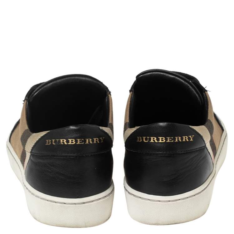 Pre Owned Burberry Black Leather and House Check Canvas Salmond Low-Top Sneakers Size 37.5