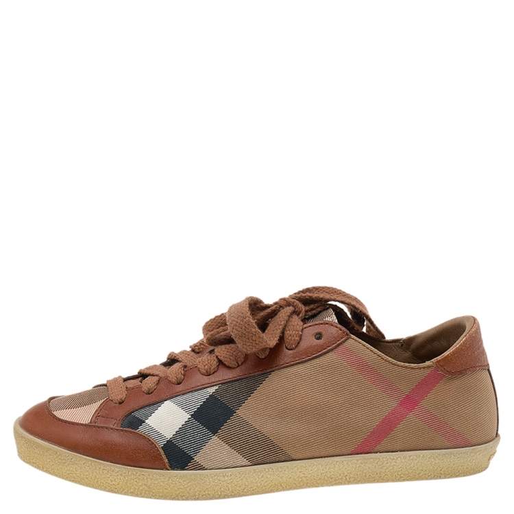 Pre Owned Burberry Beige/Brown House Check Canvas and Leather Low Top Sneakers Size 38