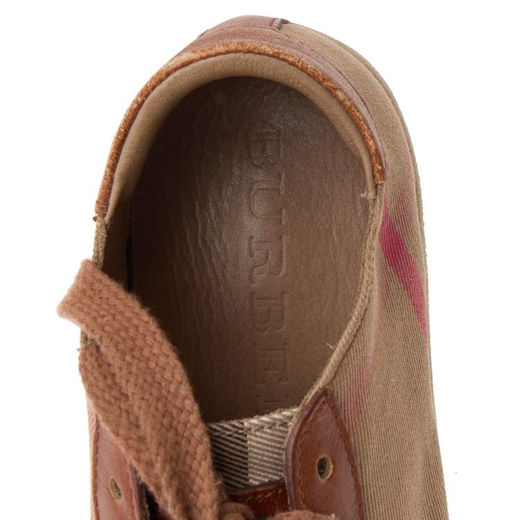 Pre Owned Burberry Beige/Brown House Check Canvas and Leather Low Top Sneakers Size 38