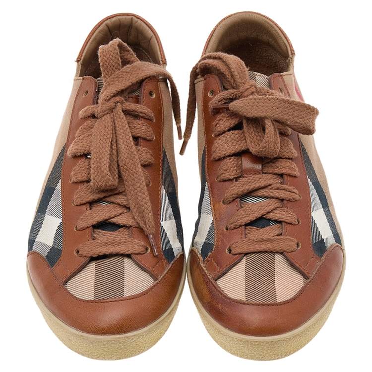 Pre Owned Burberry Beige/Brown House Check Canvas and Leather Low Top Sneakers Size 38