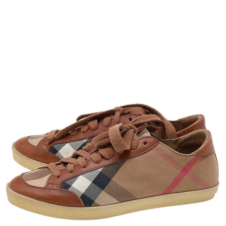 Pre Owned Burberry Beige/Brown House Check Canvas and Leather Low Top Sneakers Size 38