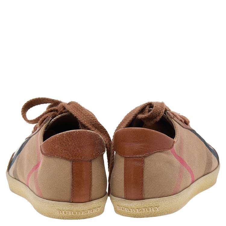 Pre Owned Burberry Beige/Brown House Check Canvas and Leather Low Top Sneakers Size 38