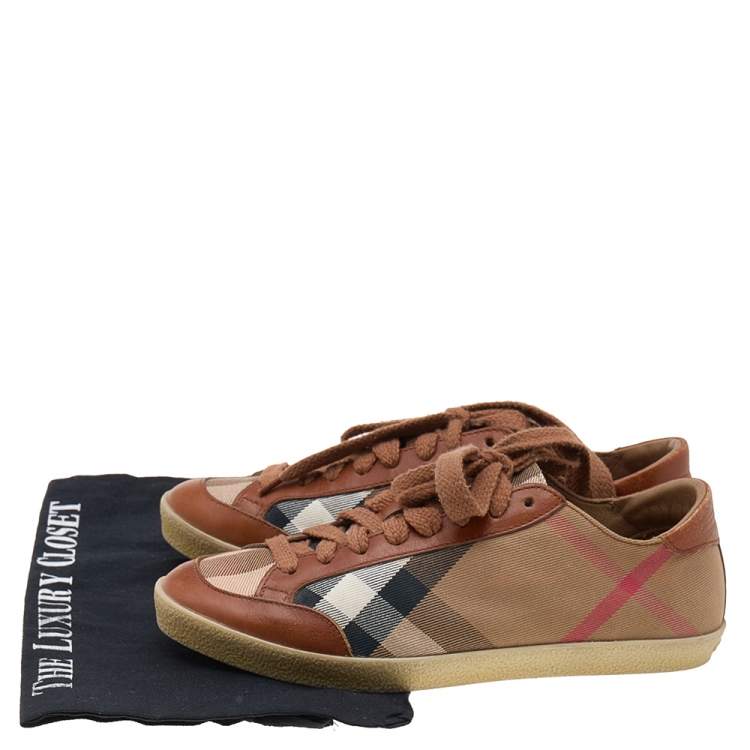 Pre Owned Burberry Beige/Brown House Check Canvas and Leather Low Top Sneakers Size 38