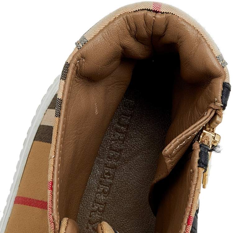 Pre Owned Burberry Beige Nova Check Fabric And Leather High Top Sneakers Size 35
