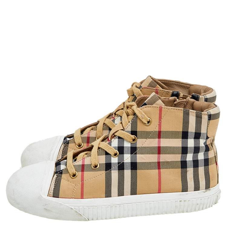 Pre Owned Burberry Beige Nova Check Fabric And Leather High Top Sneakers Size 35