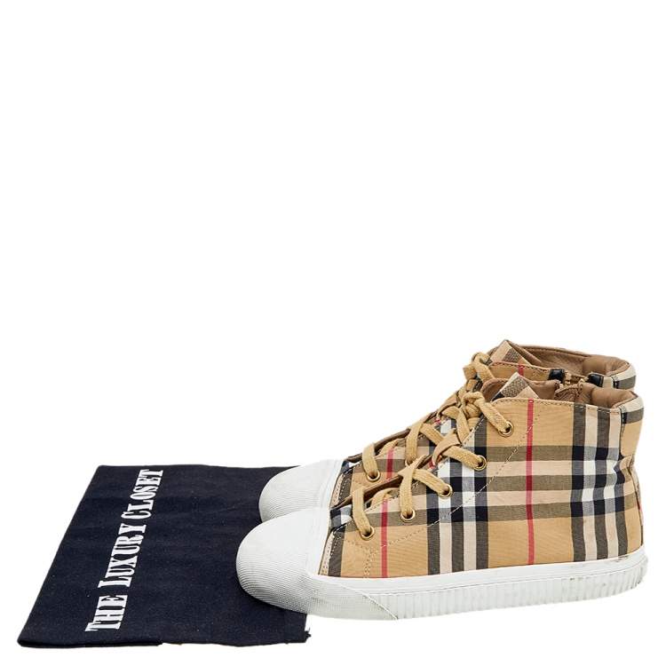Pre Owned Burberry Beige Nova Check Fabric And Leather High Top Sneakers Size 35