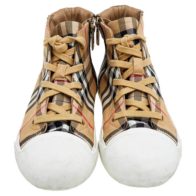 Pre Owned Burberry Beige Nova Check Fabric And Leather High Top Sneakers Size 35
