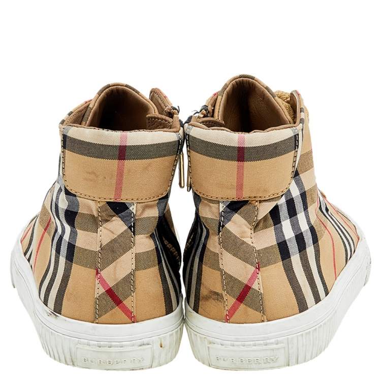 Pre Owned Burberry Beige Nova Check Fabric And Leather High Top Sneakers Size 35