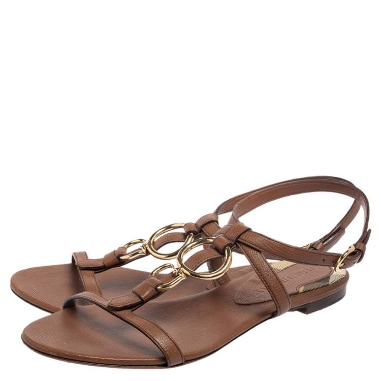 Pre Owned Burberry Brown Leather Buckle Detail Thong Ankle-Strap Flat Sandals Size 38
