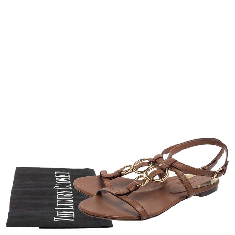 Pre Owned Burberry Brown Leather Buckle Detail Thong Ankle-Strap Flat Sandals Size 38
