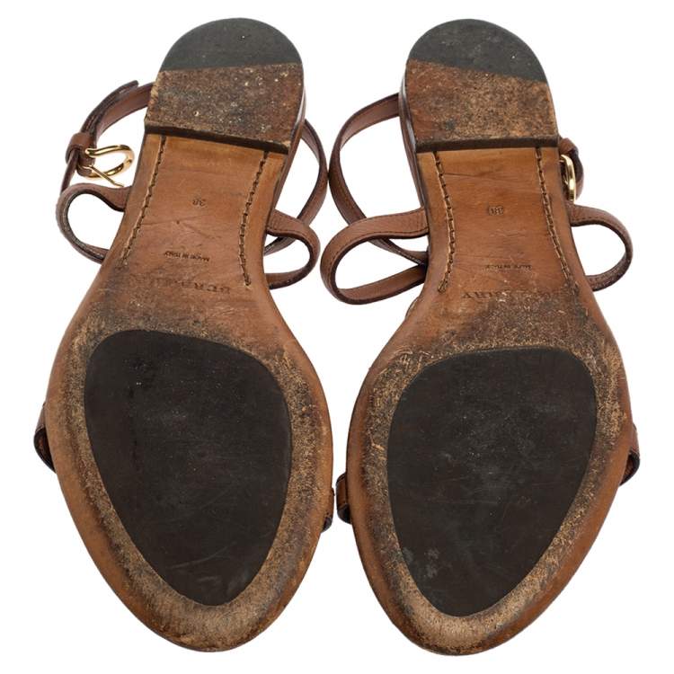 Pre Owned Burberry Brown Leather Buckle Detail Thong Ankle-Strap Flat Sandals Size 38