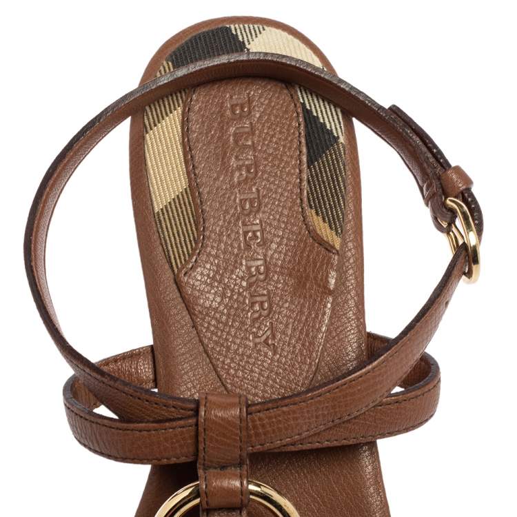 Pre Owned Burberry Brown Leather Buckle Detail Thong Ankle-Strap Flat Sandals Size 38