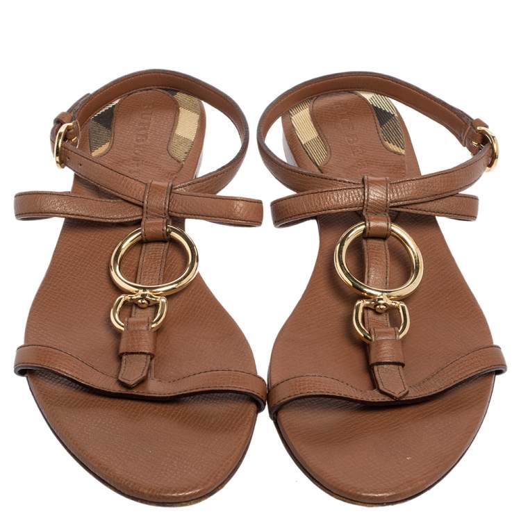 Pre Owned Burberry Brown Leather Buckle Detail Thong Ankle-Strap Flat Sandals Size 38