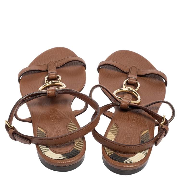 Pre Owned Burberry Brown Leather Buckle Detail Thong Ankle-Strap Flat Sandals Size 38