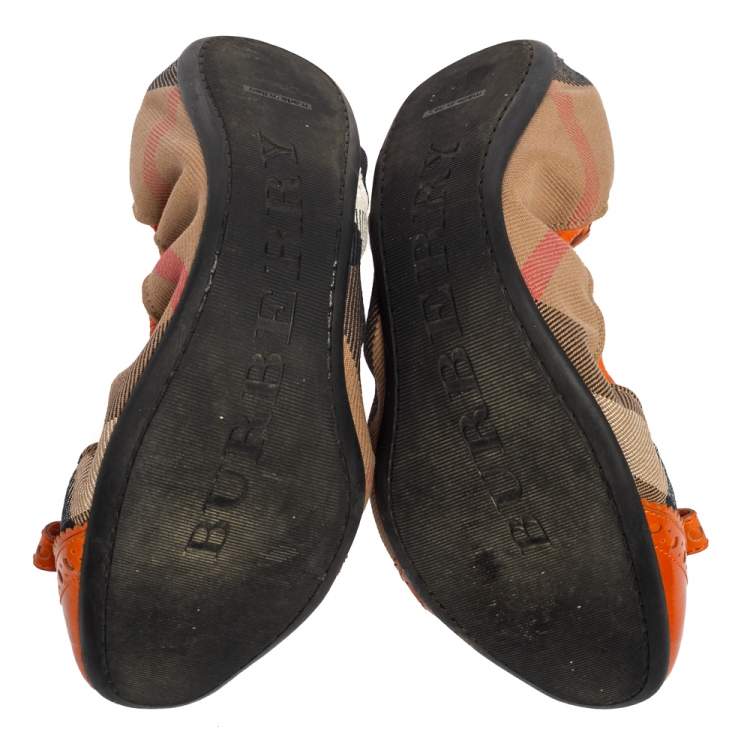 Pre Owned Burberry Orange Patent Leather And Nova Check Canvas Scrunch Ballet Flats Size 39