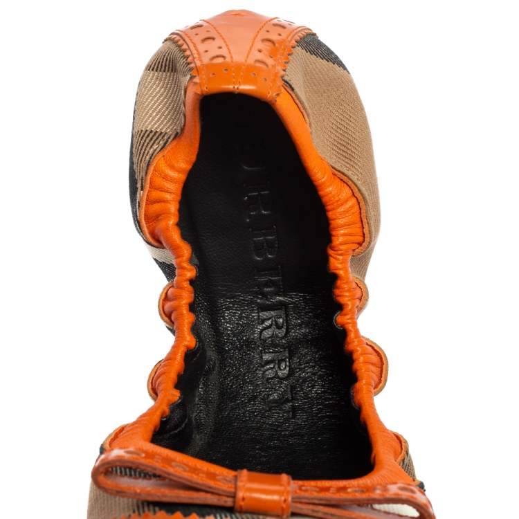 Pre Owned Burberry Orange Patent Leather And Nova Check Canvas Scrunch Ballet Flats Size 39