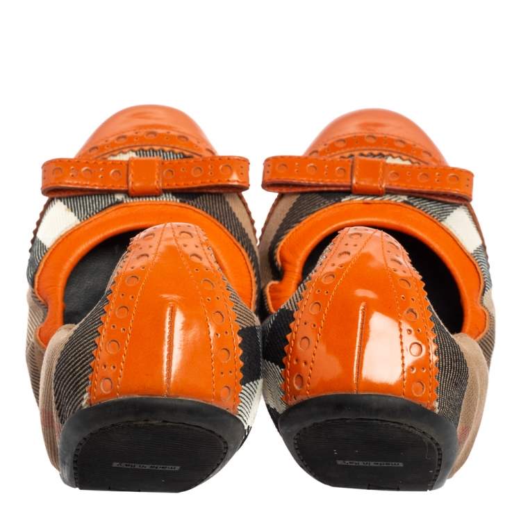 Pre Owned Burberry Orange Patent Leather And Nova Check Canvas Scrunch Ballet Flats Size 39