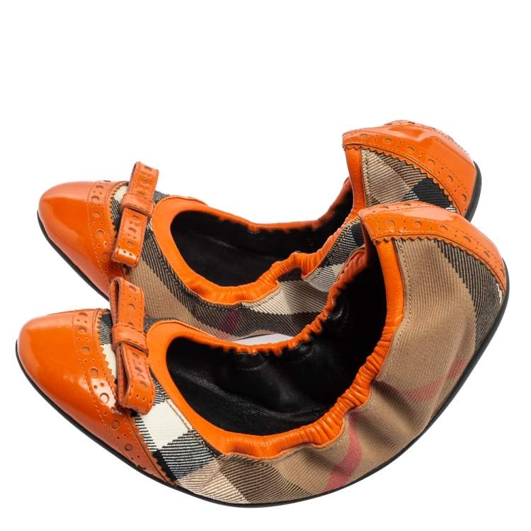 Pre Owned Burberry Orange Patent Leather And Nova Check Canvas Scrunch Ballet Flats Size 39