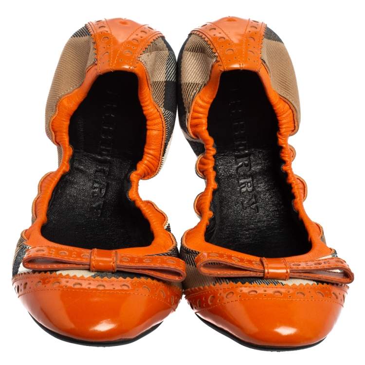 Pre Owned Burberry Orange Patent Leather And Nova Check Canvas Scrunch Ballet Flats Size 39