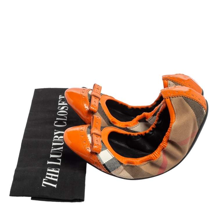 Pre Owned Burberry Orange Patent Leather And Nova Check Canvas Scrunch Ballet Flats Size 39