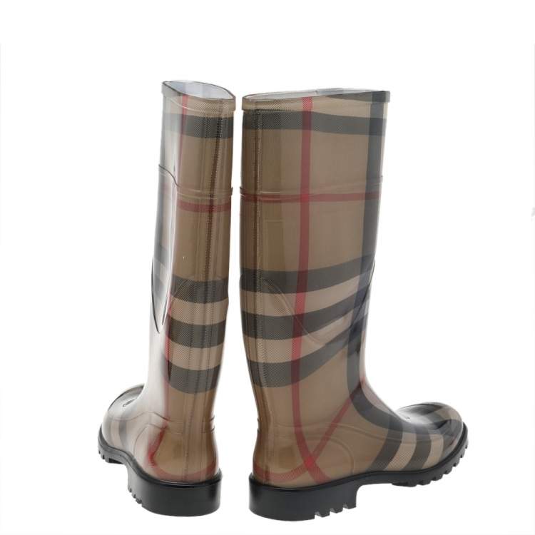 Pre Owned Burberry Beige Nova Check Rubber Rain Boots Size 40