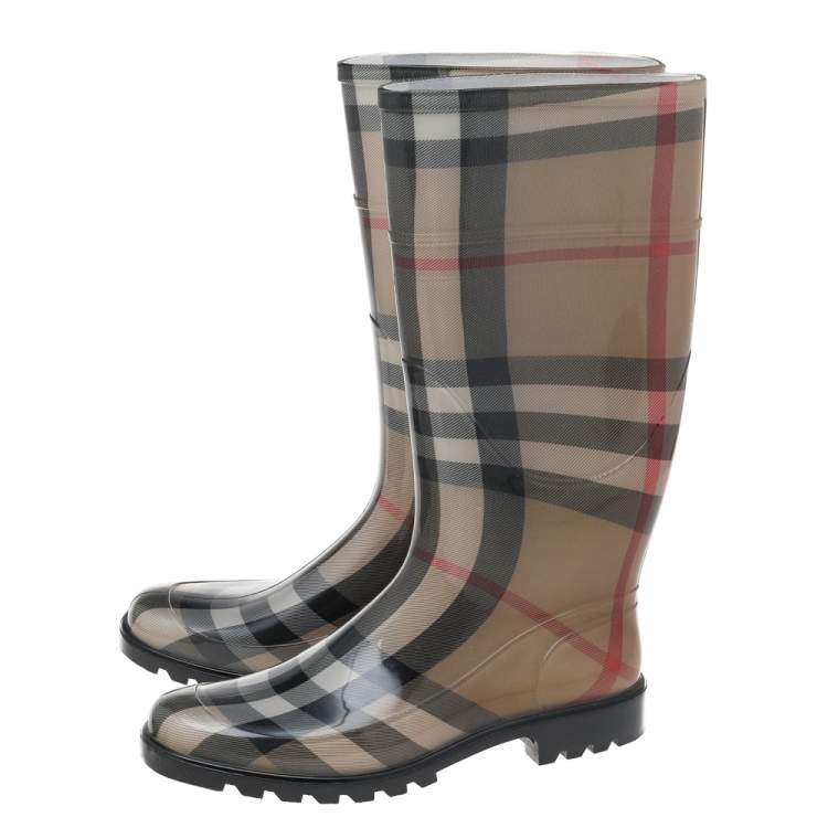 Pre Owned Burberry Beige Nova Check Rubber Rain Boots Size 40