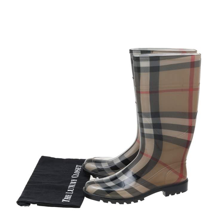 Pre Owned Burberry Beige Nova Check Rubber Rain Boots Size 40
