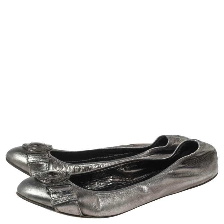 Pre Owned Burberry Metallic Leather Medallion Scrunch Ballet Flats Size 38