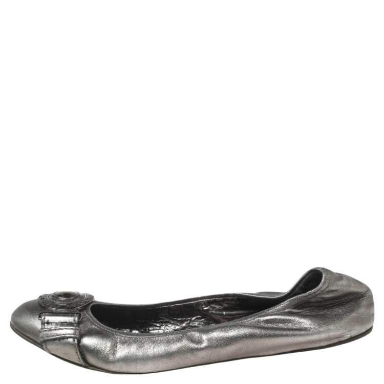 Pre Owned Burberry Metallic Leather Medallion Scrunch Ballet Flats Size 38
