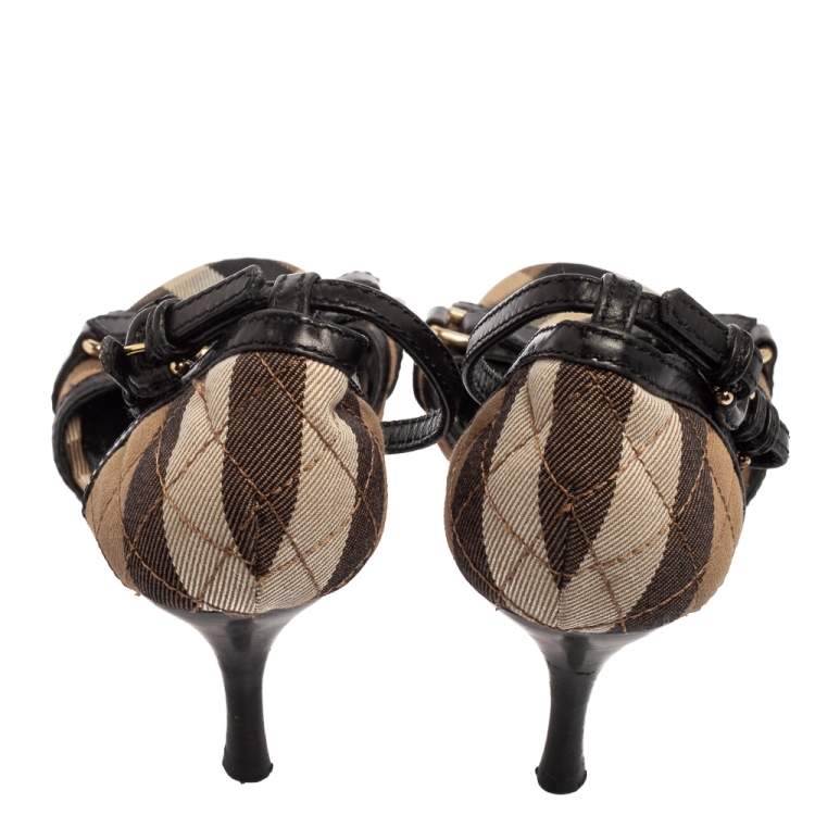 Pre Owned Burberry Beige/Black  Housecheck Canvas And Leather Ankle Strap Sandals Size 40