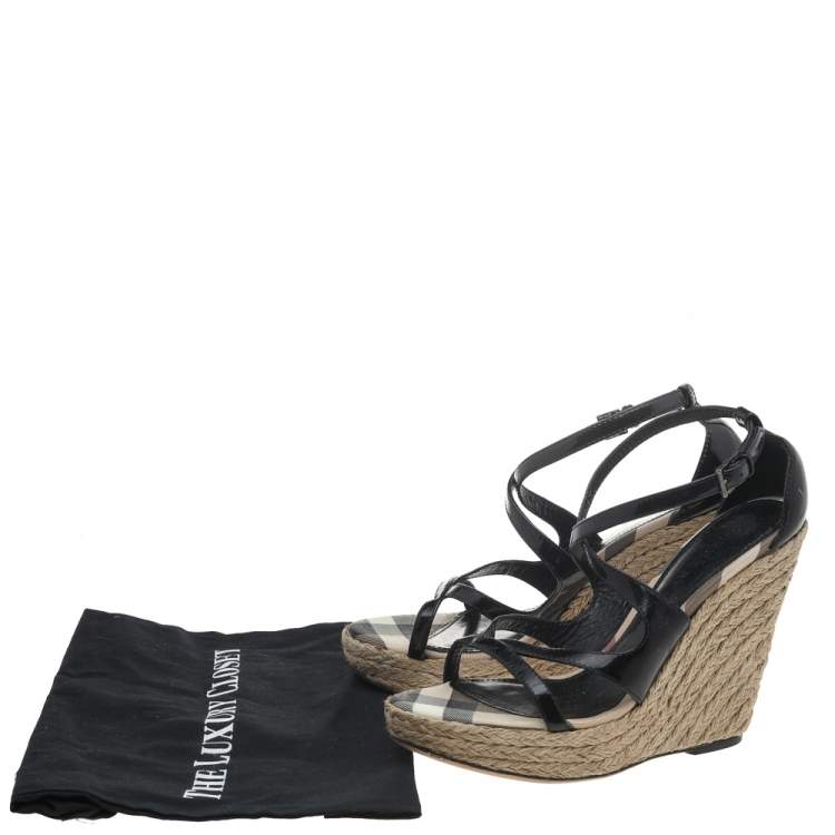 Pre Owned Burberry Black Patent Leather Strappy Wedge Espadrille Sandals Size 41