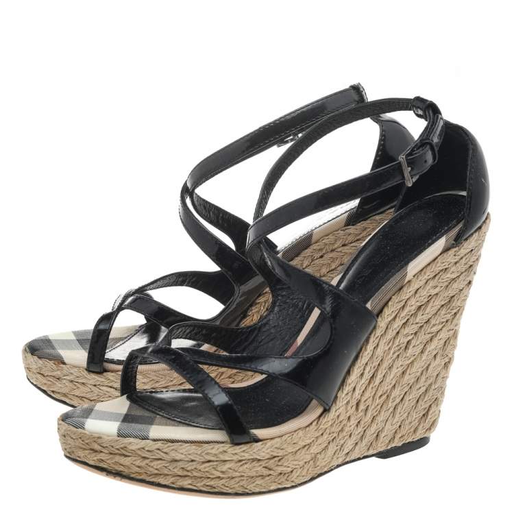 Pre Owned Burberry Black Patent Leather Strappy Wedge Espadrille Sandals Size 41