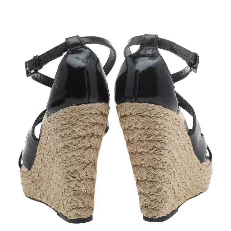 Pre Owned Burberry Black Patent Leather Strappy Wedge Espadrille Sandals Size 41