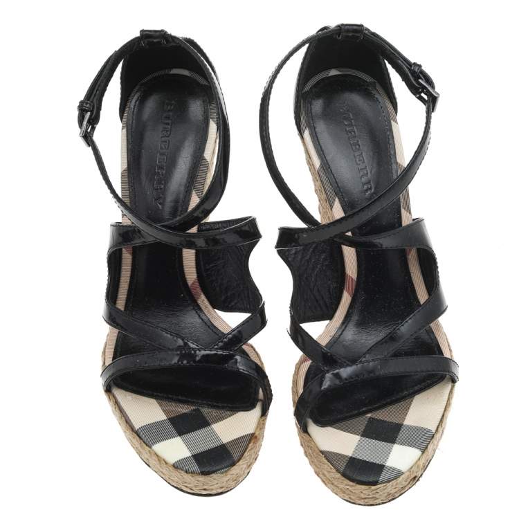 Pre Owned Burberry Black Patent Leather Strappy Wedge Espadrille Sandals Size 41