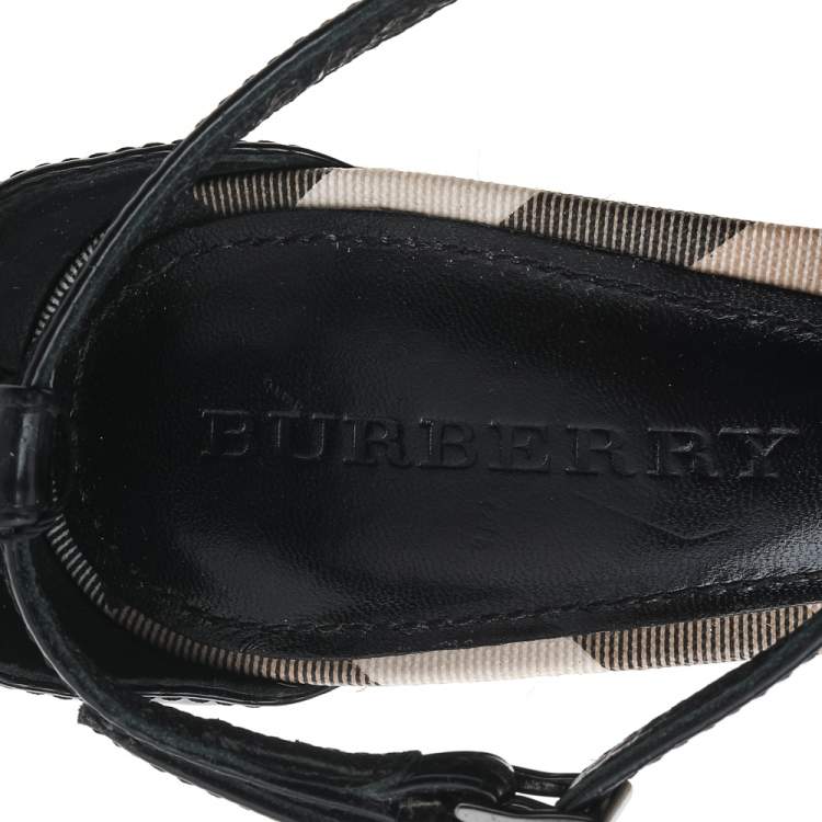 Pre Owned Burberry Black Patent Leather Strappy Wedge Espadrille Sandals Size 41